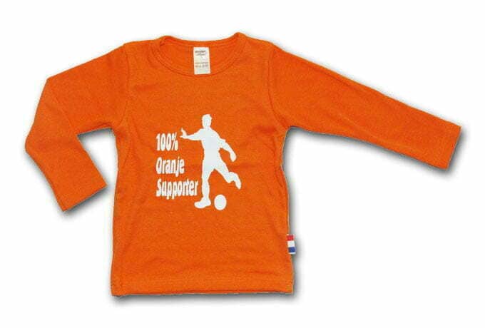 Wooden Buttons uniseks kinder shirt oranje "100% Oranje Supporte